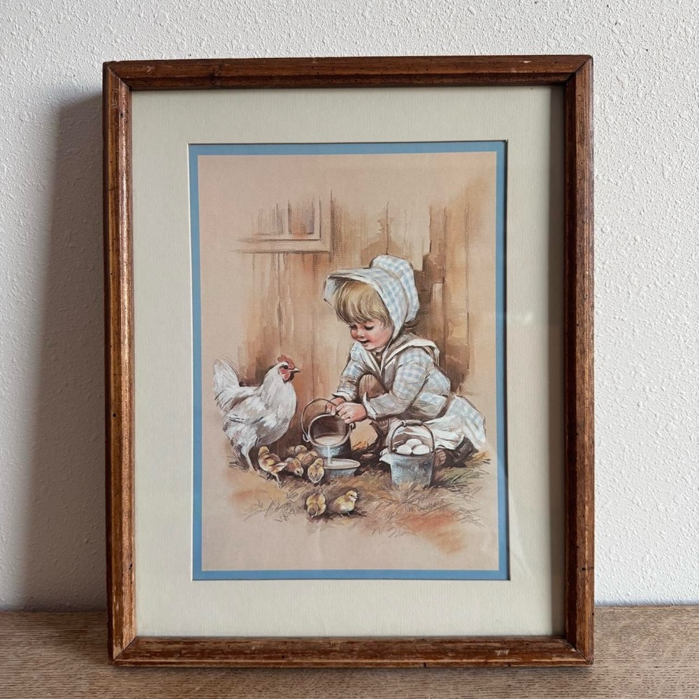 Wood Framed Print Country Girl Feeding Chickens